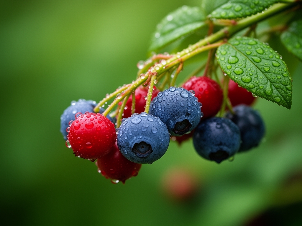 Dojrzałe dzikie jagody i borówki na gałązce pokryte poranną rosą, makrofotografia z rozmytym zielonym tłem