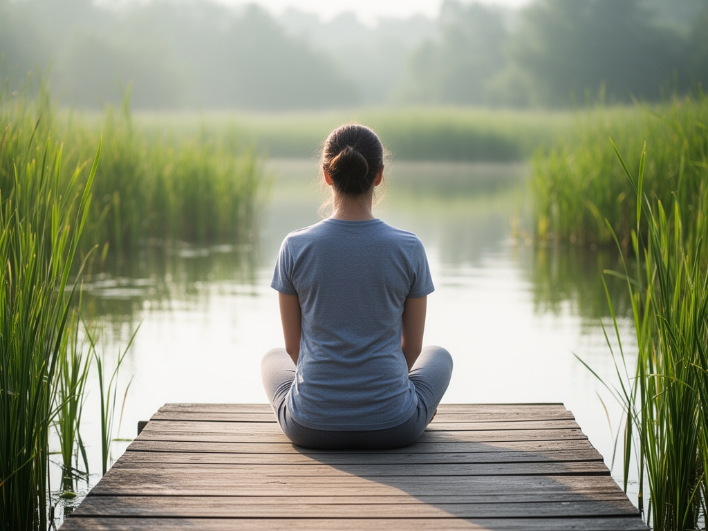 Osoba siedząca w ciszy na drewnianym pomoście nad spokojną wodą, otoczona zieloną roślinnością, widok od tyłu w miękkim porannym świetle