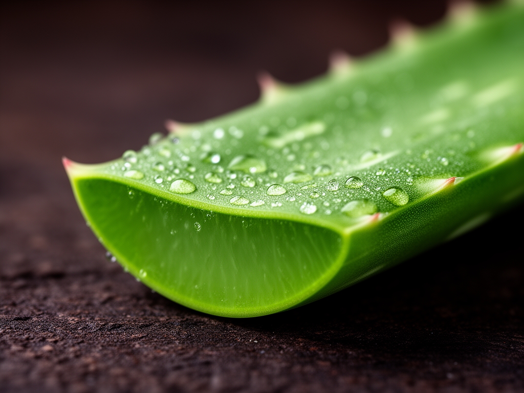 Makrozbliżenie tekstury świeżego miąższu aloesu i zielonego liścia w kroplach rosy na ciemnym, naturalnym tle — detale struktury roślinnej