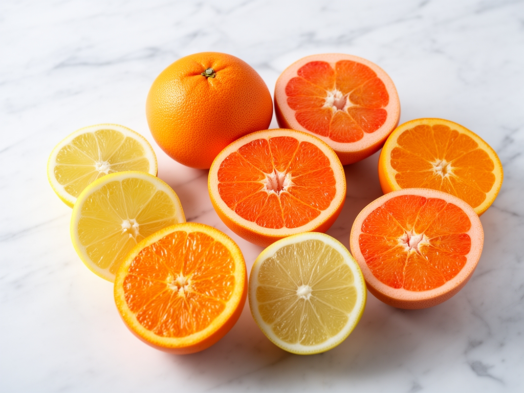 Kolorowe owoce cytrusowe przekrojone na pół — pomarańcze, grejpfruty i cytryny — ułożone na białym marmurowym tle w naturalnym świetle