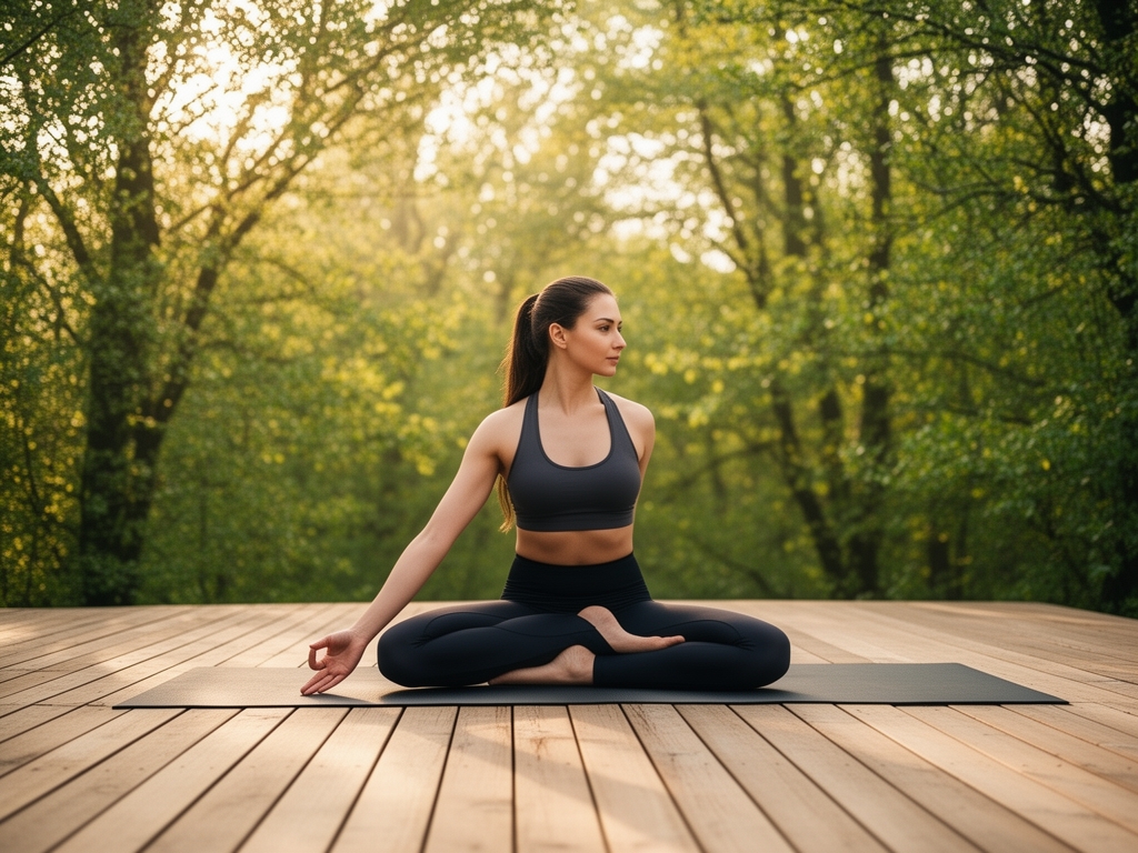 Kobieta w spokojnej pozie jogi na drewnianym tarasie otoczonym zielenią drzew, poranne miękkie światło, naturalne środowisko